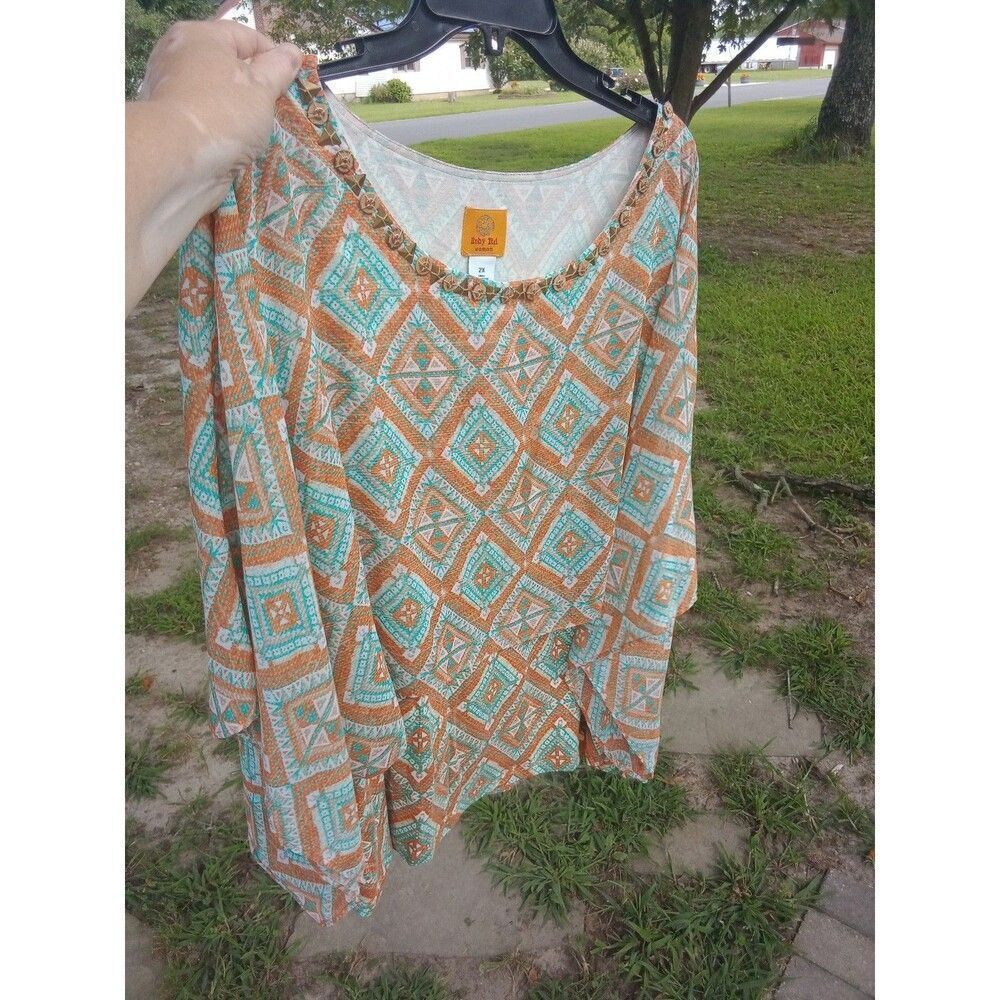 Ruby Rd 2X Women's Top Sheer Poncho Style Metal Beaded Neckline